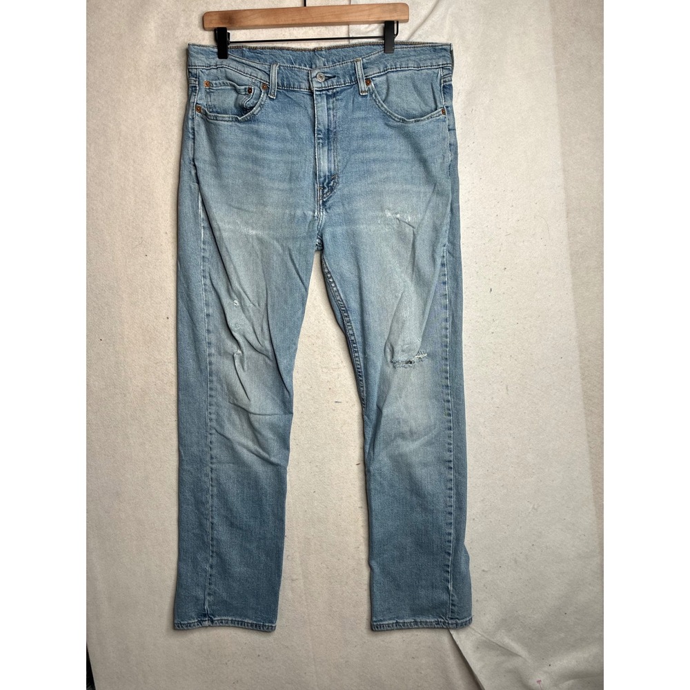 Levis 514 Straight Fit Light Wash Distressed Denim Jeans Mens 38x32 Fits 36x30